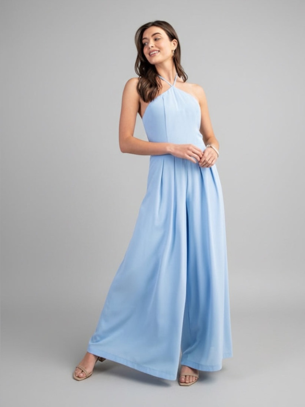 TWILIGHT STROLL BLUE HALTER NECK WIDE LEG JUMPSUIT